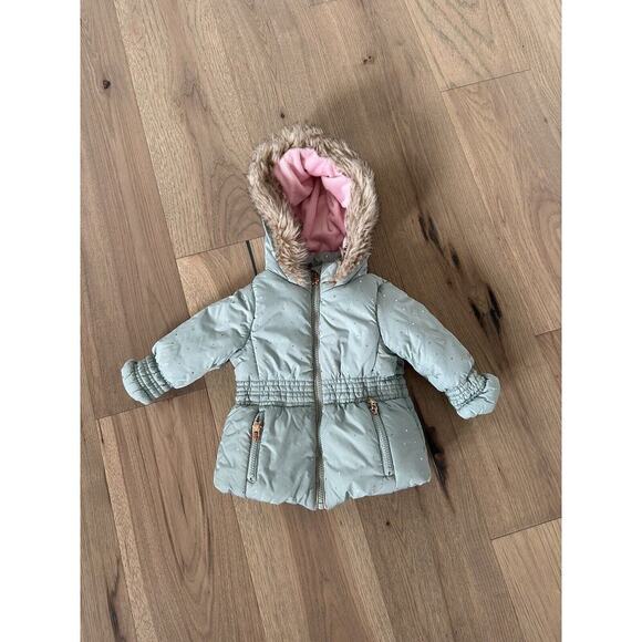 London Fog Girls Green Polka Dot Fleece Lined Faux Fur Hood Puff Winter Coat 18M - Picture 1 of 9